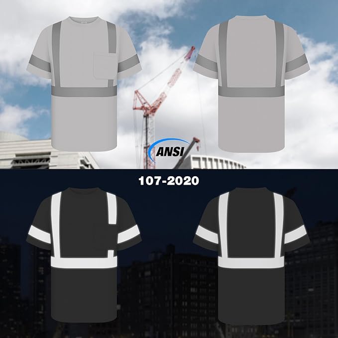TCCFCCT Construction Shirts Class 2 High Visibility Shirts for Men, Hi Vis Reflective Safety Shirts for Men Women, Work Shirts with Short Sleeves, Durable & Breathable, DC-Light Gray 5XL