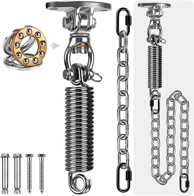 SELEWARE Hammock Chair Hanging Kit, Stainless Steel Bearing Swing Hanger with Heavy Duty Spring and Chain, Ceiling Mount for Hanging Indoor Outdoor Swing, Hammock Chair, Heavy Punching Bag