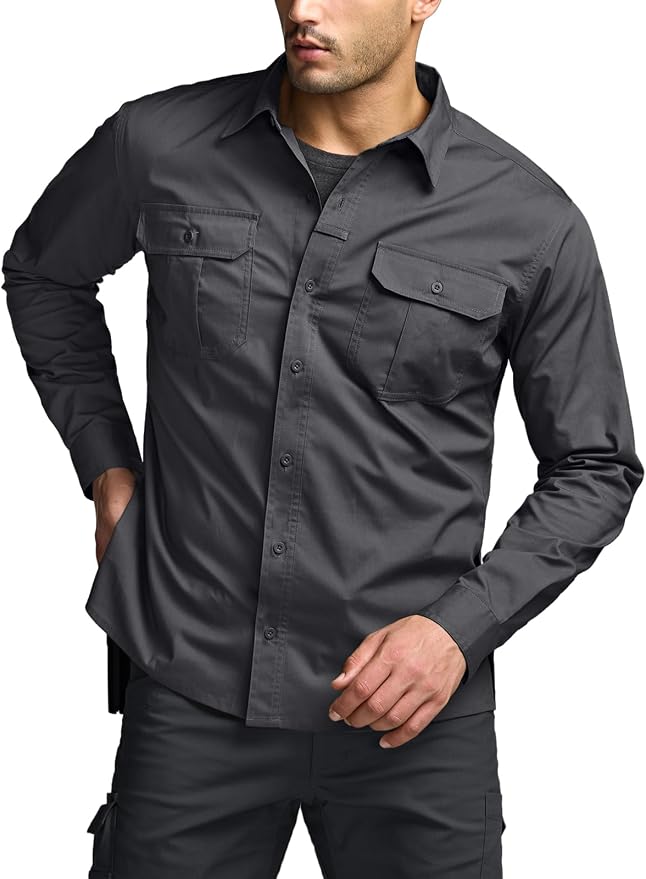 CQR Men's Long Sleeve Tactical Shirts, Ripstop Military Work Shirts, UPF 50+ Breathable Button Down Outdoor Hiking Shirt