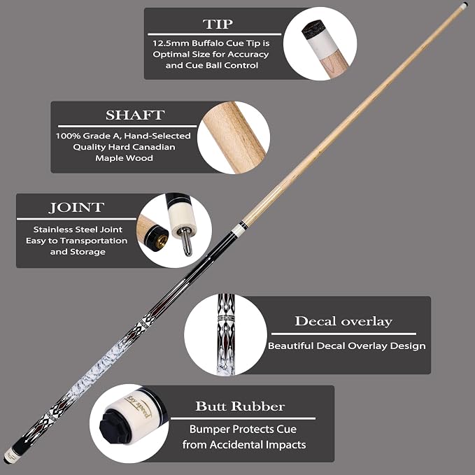 Pool Cue Stick with Hard Case Hardwood Canadian Maple Professional Billiard Pool Stick 58" 2-Pieces 19/20oz Pool Stick Set
