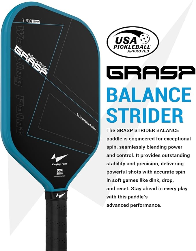 Warping Point Raw Carbon Fiber Pickleball Paddle, Endura Friction Surface For Maximum Spin & Balanced, Multi-Layer Carbon Fiber Edgeless Design, 16mm Polypropylene Honeycomb Core, USAPA Approved, Blue