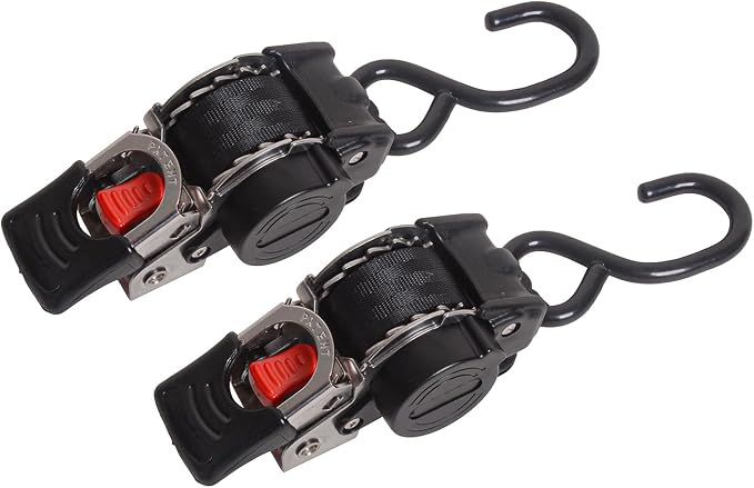 MOTO4U 1" x 6' Bolt-On Retractable Ratcheting Tie-Down Strap,Stainless Steel AutoRetract Marine Strap Transom Tie Downs w/S Hook for Motorcycle Boats Trailers（one Pair）