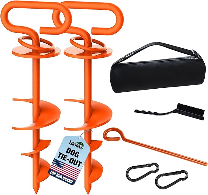 Eurmax USA 2-Pack Heavy Duty Dog Tie Out Stake, No-Tangle In Ground Anchor Runner for Large Dogs up to 210 Lbs - Perfect for Yard, Beach and Camping (Oval,Orange)