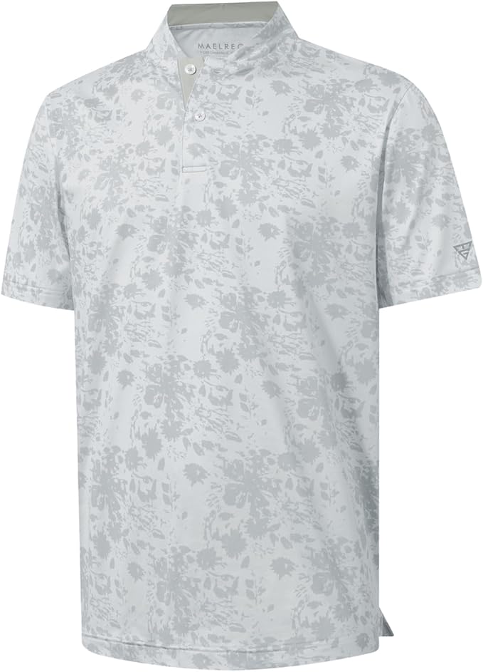 M MAELREG Golf Shirts for Men Collarless Performance Dry Fit Stretch Henley Casual Printed Mens Polo Shirts Short Sleeve