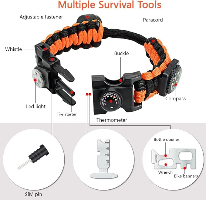 20 in 1 Survival Paracord Bracelet Adjustable Gear Kit with SOS LED Light, Fire Starter, Bigger Compass, Survival Whistle, Perfect for Camping, Hiking, Fishing