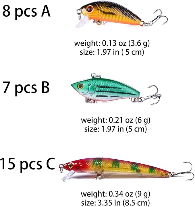 Fishing Lures Kit Mix Includes Minnow Popper Crankbait and Fish Hook for Fishing Saltwater Freshwater Trout Bass Salmon