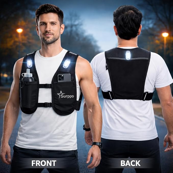 Running Hydration Vest with 3 LED Safety Lights and 500ml Soft Flask, Lightweight Reflective Running Vest for Women Men, Adjustable Chest Straps, Phone Pocket for Marathon Trail Night Running