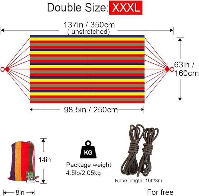 GOCAN Brazilian Double Hammock 2 Person Extra Large Canvas 250x160cm Total Length 350cm Load 500lb Cotton Hammock for Garden Outdoor and Indoor