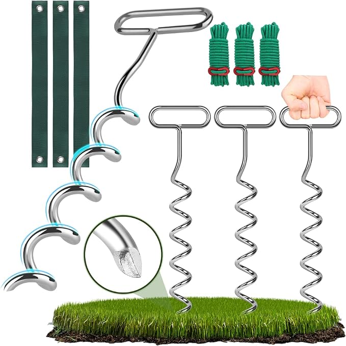 3 Tree Stakes and Supports,16in Spiral Tree Stake Kits for Leaning Young Trees Straightening Against Strong Wind Bad Weather, Heavy Duty Ground Anchors for Trampoline,Tent,Canopy Gazebos,Shed