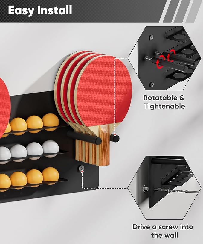 Ping Pong Paddle Holder, Wall Mounted Metal Magnetic Table Tennis Storage Rack Holds