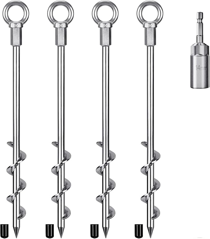 4 Pack Tent Stakes, 12 Inch Heavy Duty Ground Anchors, Fully Welded Spiral Earth Anchors for Camping Tents, Trampolines, Sheds, Swing Sets, Securing Animals