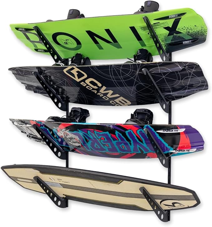StoreYourBoard Adjustable Wakeboard Storage Rack – Wall Mount 4 Level Display, Heavy Duty Water Sports Gear Hanger for Wakeboards, Wakesurf Boards, and More, Holds up to 100 lbs