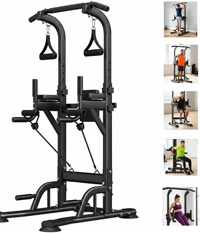 Freestanding Power Tower Dip Station, Adjustable Pull Up Bar for Home Gym with Backrest & Resistance Bands, 450 LBS Heavy Duty Multi-Function Calisthenics Workout Equipment for Adults & Teens