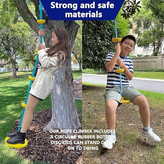 Climbing Rope with Platforms Tree Swing for Kids Disc Swing Seat Set Outdoor Backyard Playground Accessories Including Bonus Hanging Strap & Carabiner