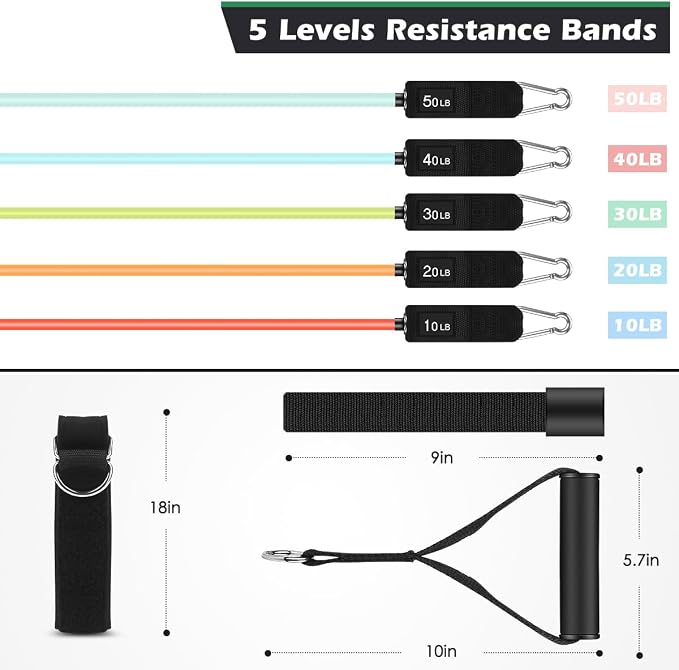 WHATAFIT Resistance Bands, Exercise Bands, Workout Bands with Handles, Door Anchor and Ankle Straps, 5 Resistance Levels Fitness Bands for Strength Training, Physical Therapy, and Home Gym Equipment