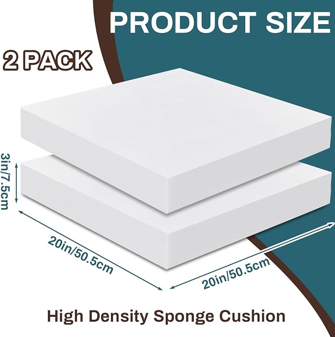 Frienda 2 Pack 3" x 20" x 20" Upholstery High Density Foam Cushion Replacement Square Cut to Size Foam Couch for Chair Couches Padding Shipping Packing DIY Cosplay Projects(White)