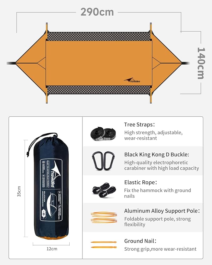 Camping Hammock Tent with Mosquito Net and Removable Sunshade, 4 in 1 Function, Lightweight Hanging Hammocks Tree Straps Swing, Bivvy Ground Tent for Outside, Hiking, and Travel