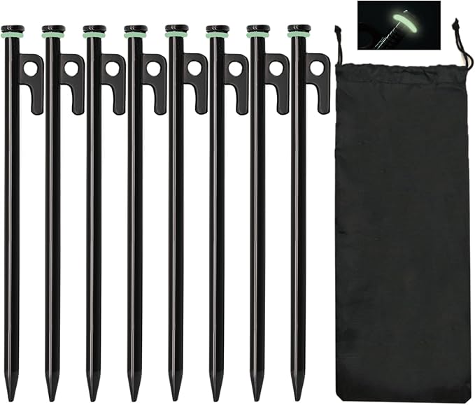 Heavy Duty Forged Steel Tent Stakes - 8Pcs 10in + Storage Pouch, Ideal for Rocks, Grassland, Desert, Stormy Weather