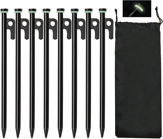 Heavy Duty Forged Steel Tent Stakes - 8Pcs 10in + Storage Pouch, Ideal for Rocks, Grassland, Desert, Stormy Weather