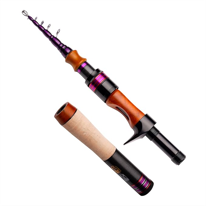 PURELURE Telescopic Fishing Rod Spinning & Casting Travel Rod Ultralight 5' | Fuji Alconite Ring, Detachable Handle Closed Length 9.8in, Spare Carbon Solid Tip, Solid Wood Reel Seat, Cork Handle