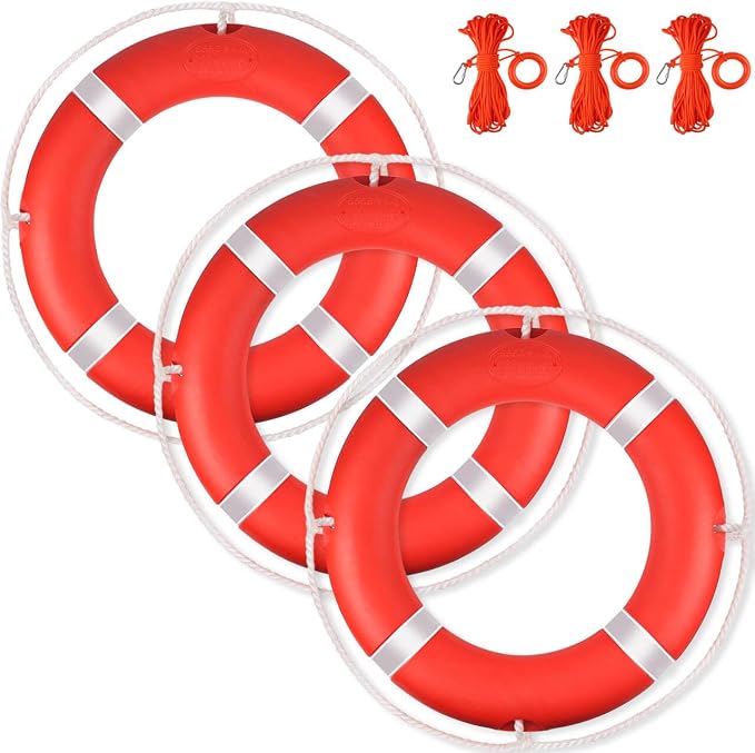 Life Ring, 23"/28" Boat Safety Throw Rings, Life Preserver Ring with Bracket and 98.5 FT Floating Rescue Rope, Outdoor Professional Throwable Flotation Device