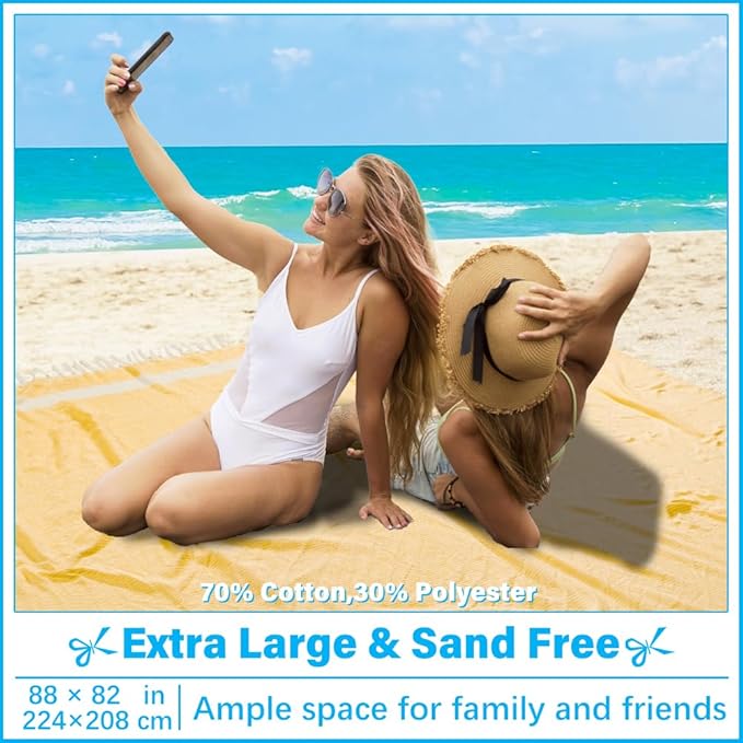 Oversized Turkish Beach Towel Blanket XXL Cotton Sandproof Towels Boho Woven Extra Large Big Sand Free Giant Throw Blankets Huge Quilt XL Picnic Camping Necessities Cloud For Adult Gifts Yellow