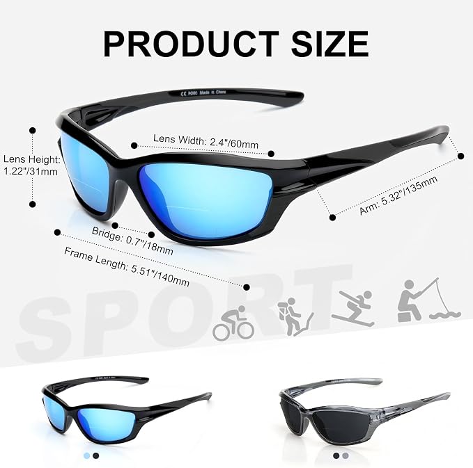 Missfive 2-Pack Mens Go-To Bifocal Sunglasses with Readers Built In, Resilient Temple Comfort-Fit Sport Wrap Around Frame & UV400 Protection, Driving & Reading Glasses for Outdoor +2.0