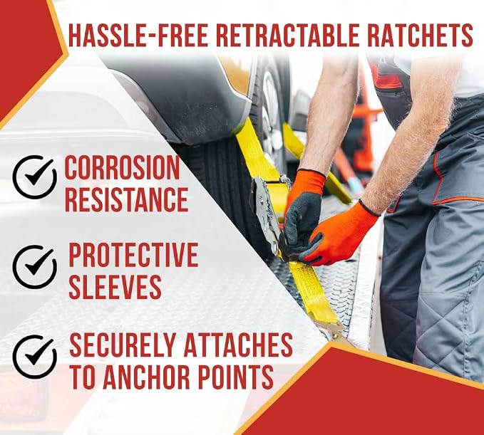 Mytee Products 4Pack 1''x12' Retractable Ratchet Straps Kit w/Snap Hook, Axle Straps w/Delta Ring, Protective Sleeve, Storage Bag - Self Ratcheting Tie Down Strap w/500 lbs WLL for Boat, Jet Ski, ATV