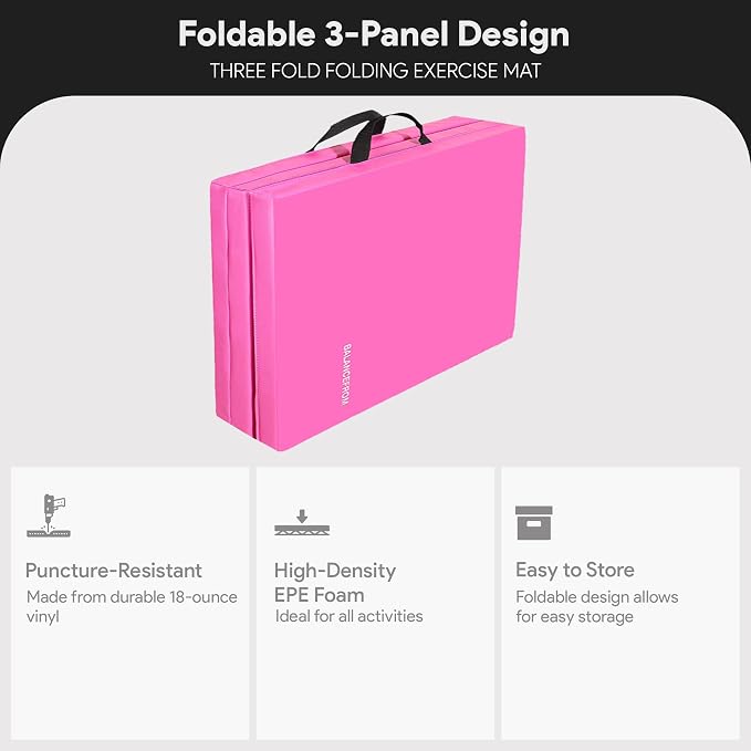 BalanceFrom 6x2 Feet 3-Panel Folding Gymnastics Mat – 1.5-Inch Thick Pad with Vinyl Surface and Carrying Handles for Tumbling, Yoga, Pilates, Home Workouts, and Martial Arts