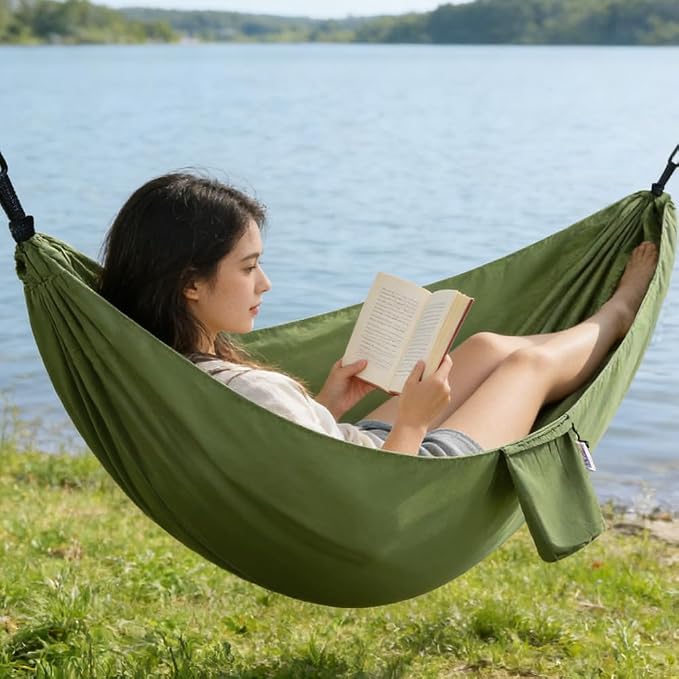 Camping Hammock, Portable Hammocks with Tree Straps & Attached Carry Bag, Travel Tree Hammocks for Outside Indoor Hiking Beach Backpack Travel(Green, Polyester Pongee)