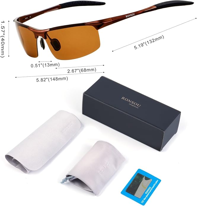 RONSOU Men Sport Al-Mg Polarized Sunglasses Unbreakable for Driving Cycling Fishing Golf