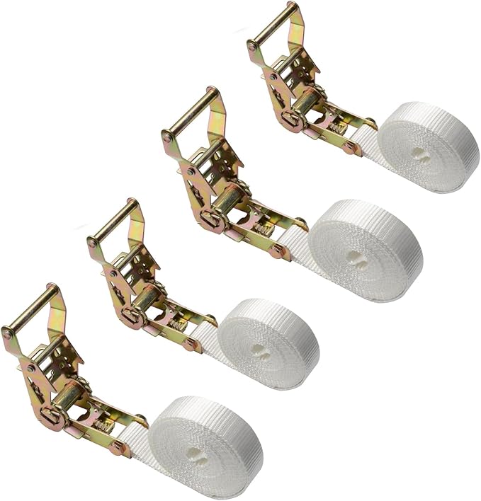 XSTRAP STANDARD 4PK 1" Endless Ratchet Straps - 2500lbs Breaking Strength Heavy Duty White Tent Securing Straps, Track Spring Fittings, 10ft Tie Downs for Tents/Trailers/Kayaks