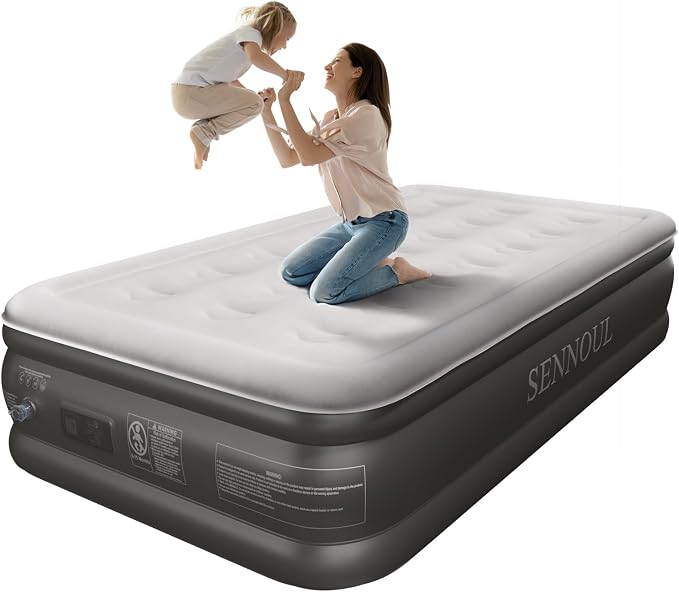 SENNOUL Air Mattress Twin with Built in Pump - Upgraded Single Blow Up Bed, 2 Mins Quick Self Inflatable, 18"/550lbs Max, Strong Support, Flocked Top, Puncture Resistant, for Camping,Home,Guests
