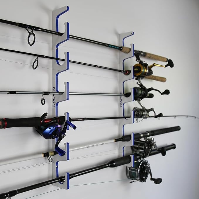 TRAPSKI Made in the USA Premium Fishing Rod/Pole Holder Rack Organizer | Wall or Ceiling Mounted Fishing Rod Rack | Marine Grade HDPE Plastic | Pole Holder for 6 or 12 + Stackable