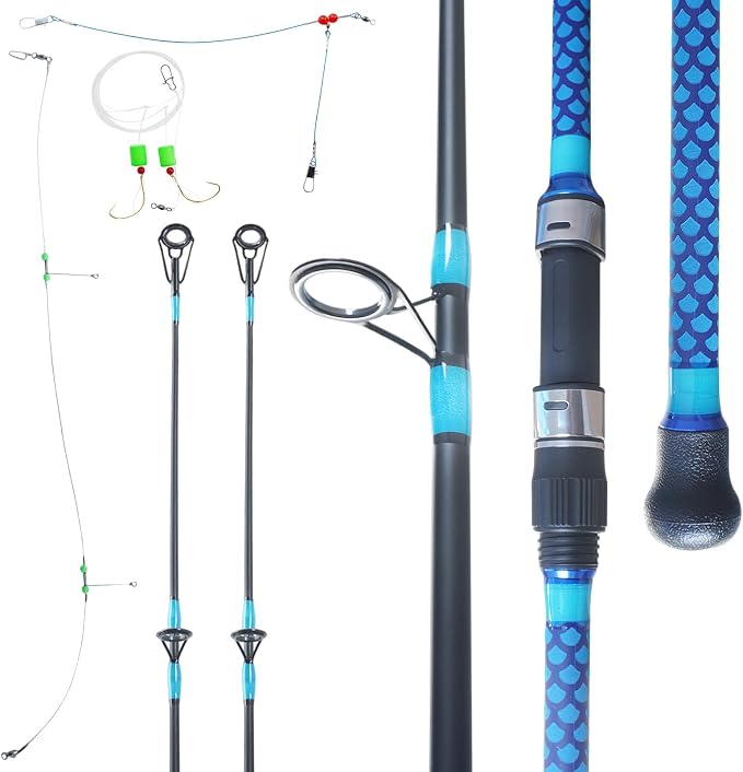 Surf Fishing Rod 9'/10'/11'/12', Carbon Fiber Graphite Spinning Rod 3-Piece Travel Rod with 2 Tips, Includes Pompano Rig & High-Strength Wire Leaders for Saltwater Beach Surf Casting