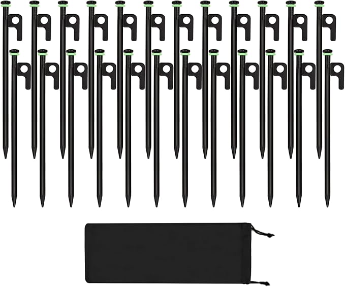 24Pcs Tent Stakes, 12in Heavy Duty Tent Stakes with Storage Pouch, Dia 0.35" Forged Steel Stakes for Tent Used on Rocks, Grassland, Snowfield(24Pcs 12in Stakes)