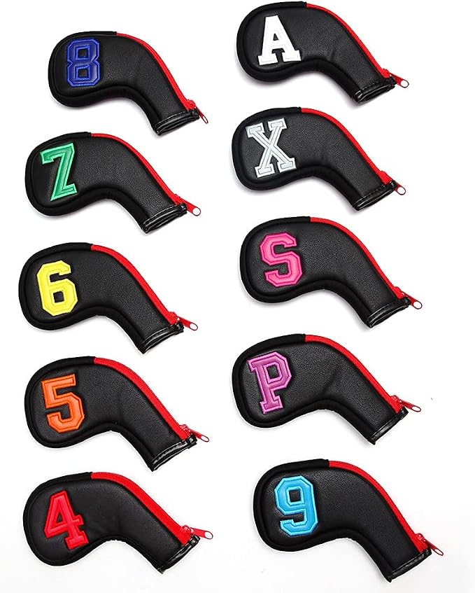 Colorful Number Golf Iron Head Covers Iron Headovers Wedges Covers 4-9 ASPX 10pcs (Black with Zipper)