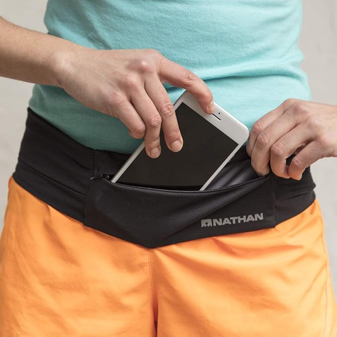 Nathan Zipster Running Belt for Men and Women, Bounce Free Waist Pack, Running Fanny Pack Women, Pockets with Zippers, Fits All iPhones, Navy, X-Small