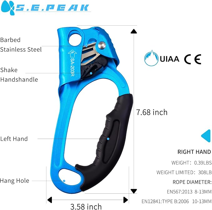 UIAA & CE Certified Climbing Rappelling Equip Hand Ascender Left Right Hand for 8-13mm Rope 4kN