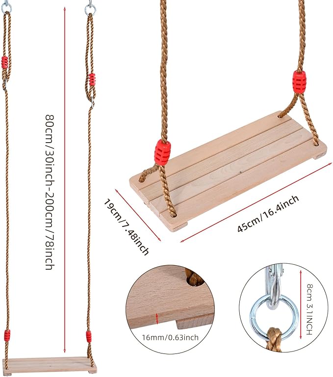 Solid Beech Wood Swing Seat - 16.4"x7.5"x0.6" Adjustable Rope Tree Swing Set, Heavy Duty Hanging Chair for Backyard, Garden, Playroom Indoor/Outdoor Use