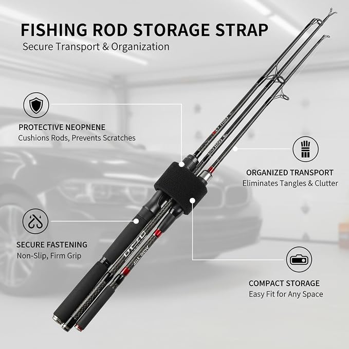 Neoprene Fishing Rod Strap - Secure Bundling Sleeve for Transport & Storage, Black