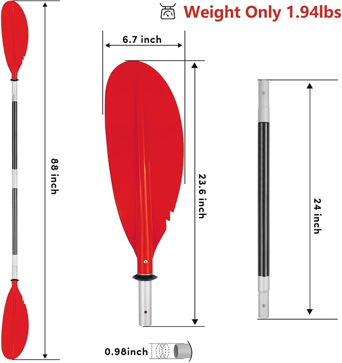 Kayak Paddle,88in 4 Pieces Boat Oars Kayak Paddles,Heavy Duty Aluminum Alloy Shaft Float Lightweight Detachable Adjustable Fishing Kayak Paddle for Adults with Paddle Leash(8 Color ，1Pack,2Pack)