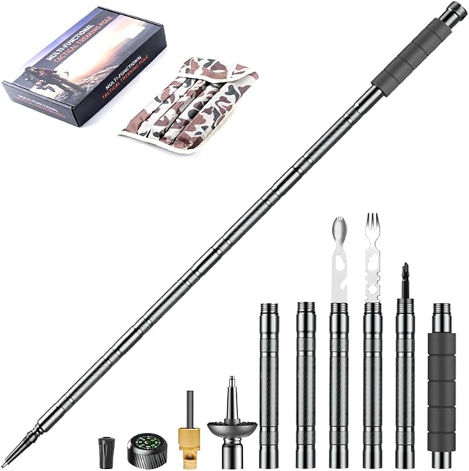 Trekking Pole Tactical Walking Stick, Multifunctional Lightweight Aircraft Aluminum Collapsible Survival Hiking Pole with Storage Bag for Women Men Seniors Camping Backpacking