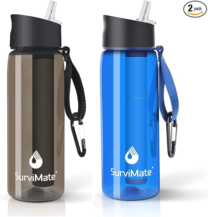 SurviMate Purified Water Bottle for Camping, Hiking, Backpacking and Travel, BPA Free with 5-Stage Intergrated Filter Straw