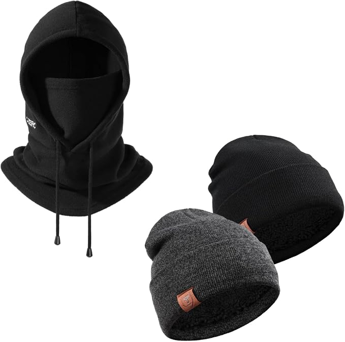 OZERO Winter Balaclava &2 Pcs Beanie: Convertible Face Mask Balaclava + Polar Fleece Winter Beanie Daily Hat for Men & Women (Black & Black+Grey)
