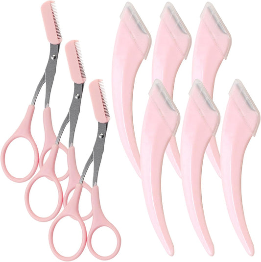 9 Pcs Eyebrow Trimmer Scissors with Comb, Curved Eye Brow Razor, Non-Slip Stainless Steel Facial Hair Removal Grooming, Brow Shaping Beard Shaving Kit Beauty Accessories for Women Men