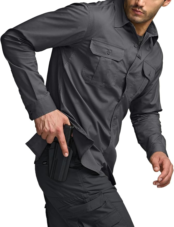 CQR Men's Long Sleeve Tactical Shirts, Ripstop Military Work Shirts, UPF 50+ Breathable Button Down Outdoor Hiking Shirt