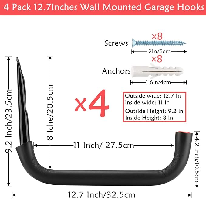 12.7 Inch Heavy Duty Large Tool Hanger, 4 Pack Wall Mounted Garage Storage Hooks, Indoor Outdoor Organizer Rack Load Capacity 50lbs