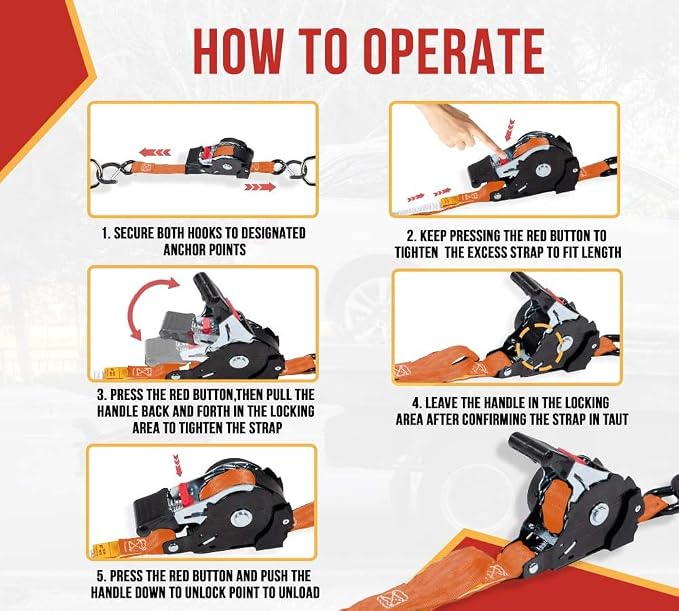 Mytee Products 1'' x 12' Retractable Ratchet Straps Kit with Safety Lock S Hook, 4 Soft Loops & Storage Bag - Self Ratcheting Tie Down Strap with 500 lbs WLL for Boat, Jet Ski, ATVs, Bikes - Orange