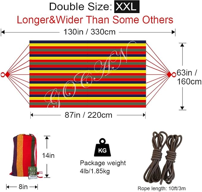 GOCAN Brazilian Double Hammock 2 Person Extra Large 220x160cm Total Length 330cm Load 500lb Canvas Cotton Hammock for Patio Porch Garden Backyard Lounging Outdoor and Indoor(Rainbow) XXL
